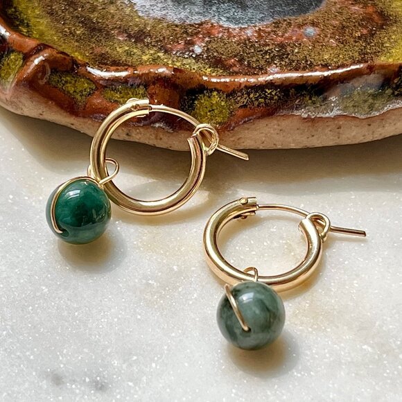 Gold Filled Huggies with Removable Forest Green Jade Charms - Picture 1 of 7